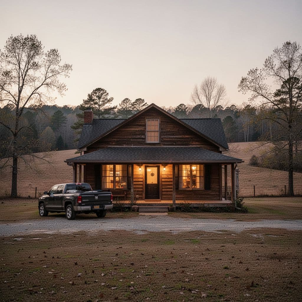 Green header band with 'NEARBY HOTEL' text above dusk exterior of cozy rural inn, warm window lights, sign, and parked car.