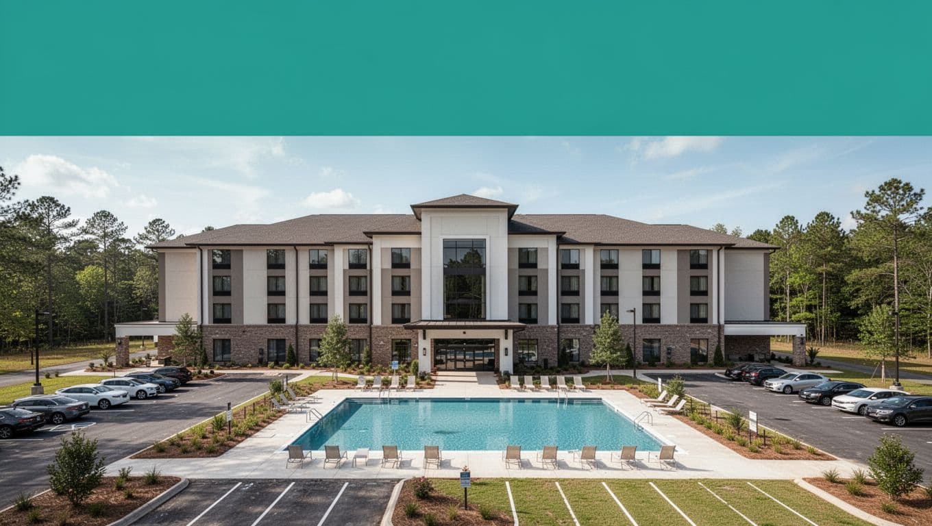 Green 'Nearby Hotels' band tops centered modern hotel exterior with parking lot and pool in Alabama countryside.