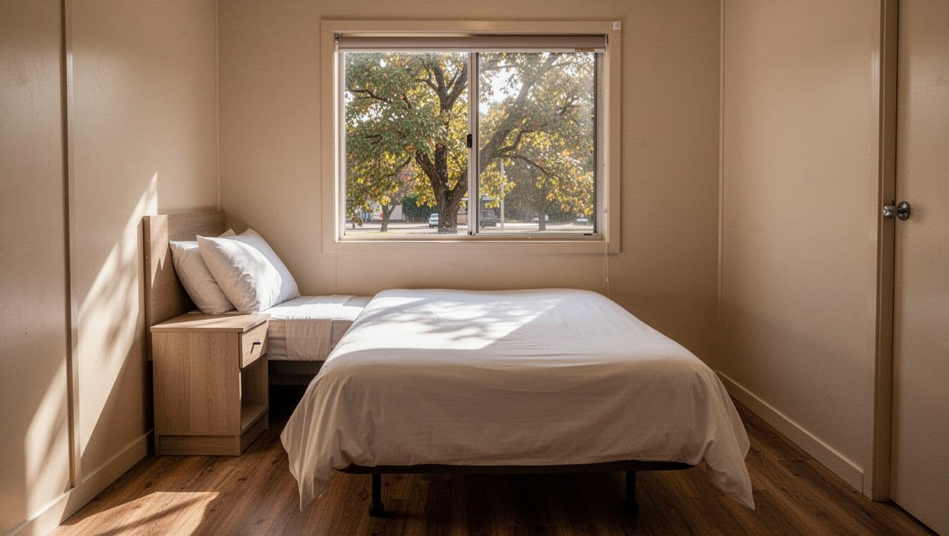 Clean budget motel room interior with a single comfortable bed, nightstand, and window view of trees bathed in soft natural light, topped with a bold 'Nearby Hotels' green headline band.