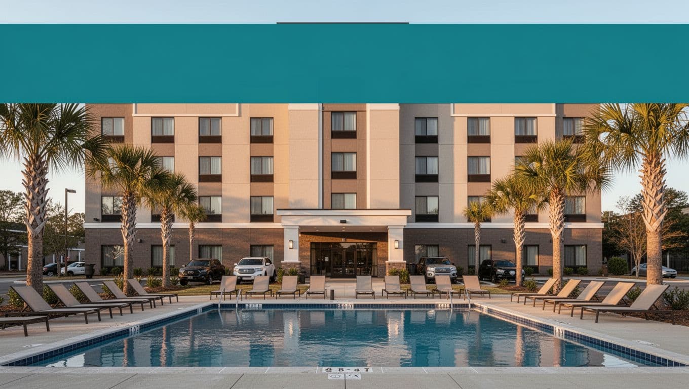 Photorealistic modern chain hotel exterior in Enterprise, Alabama, with outdoor pool, lounge chairs, palm trees, parked cars at entrance, and inviting evening golden hour lighting, topped with bold green banner headline 'Nearby Hotels' in white text.