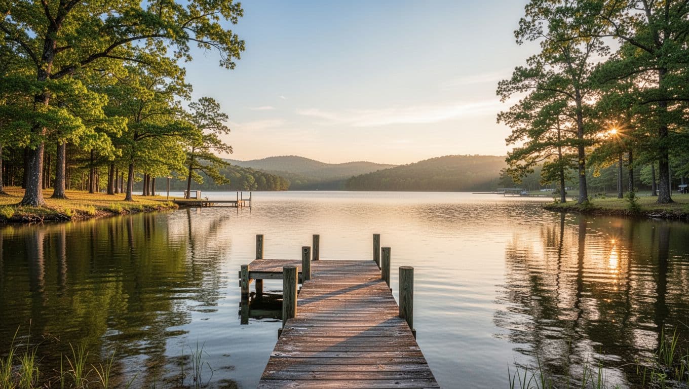 Calm Lake Eufaula with shoreline trees, boat dock, distant horizon at golden hour, green top band with bold 'Nearby Lakeside' headline.