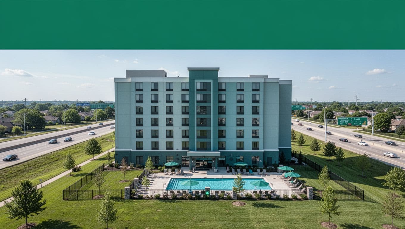 Modern mid-rise Home2 Suites by Hilton hotel in suburban Mobile area near I-10 highway sign, with green lawns, outdoor pool, and clear skies in bright daylight realistic photo style. Features bold 'Nearby Options' headline on green band at top in clean sans-serif typography.