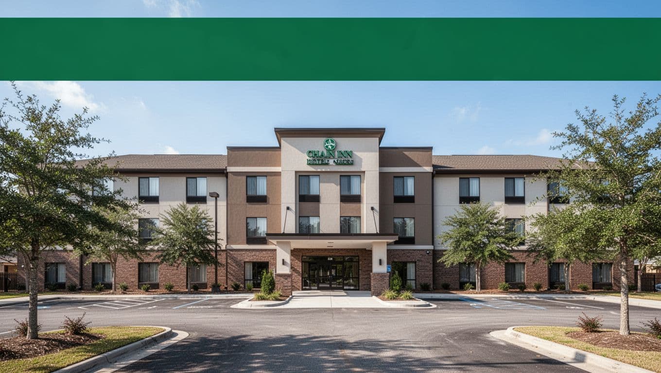 Green top band with 'Nearby Picks' headline above modern Holiday Inn hotel front, welcoming entrance, parking lot, clear daylight sky.