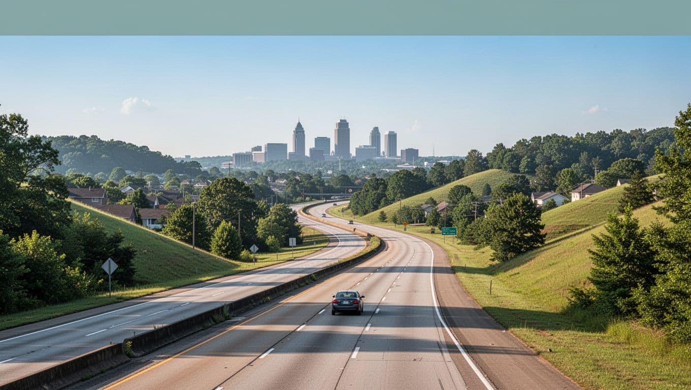 Scenic realistic photo of I-65 highway curving through Alabama suburbs and green hills toward the Birmingham skyline on a clear day, with one car on the road.