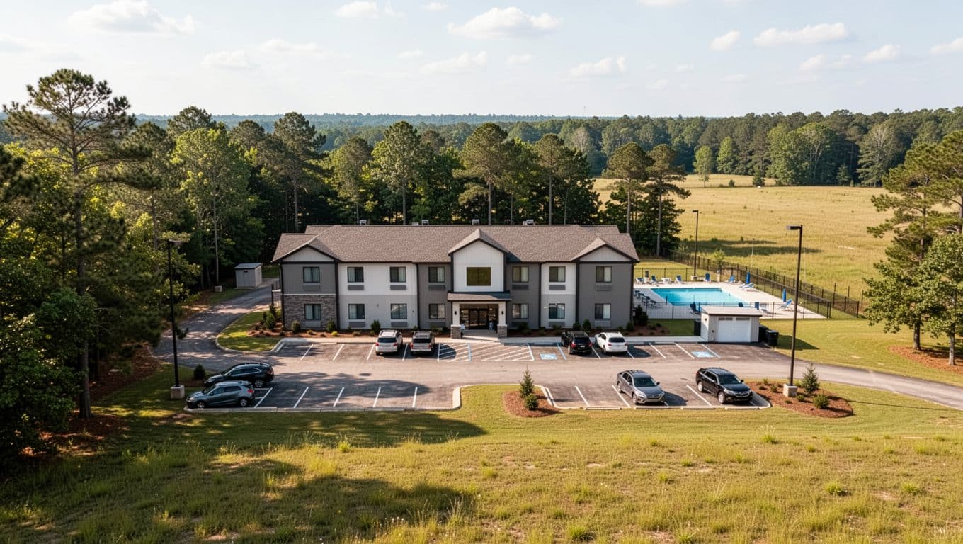 Modern budget hotel exterior with entrance sign, parking lot, background pool, under green 'NEARBY STAYS' band.