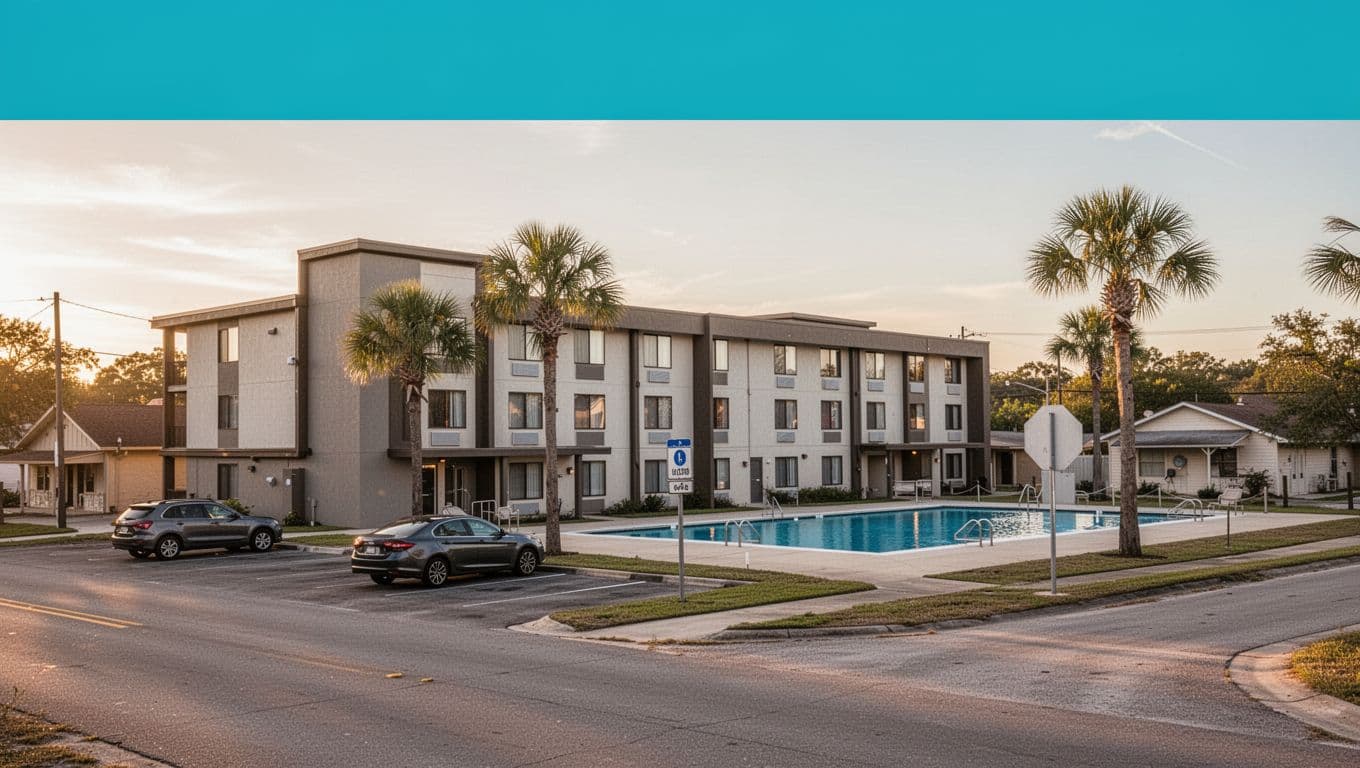 Modern chain hotel exterior in a small Southern town with visible pool area, palm trees, highway sign, and two parked cars under warm golden hour evening light, topped with bold green 'Nearby Stays' branding band.