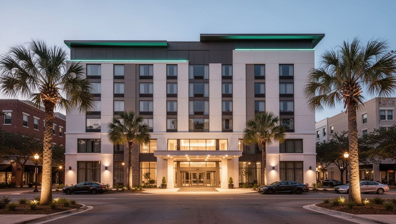 Modern hotel exterior in downtown Mobile, Alabama at dusk with palm trees, illuminated entrance, and bold 'Nearby Stays' headline in green band.
