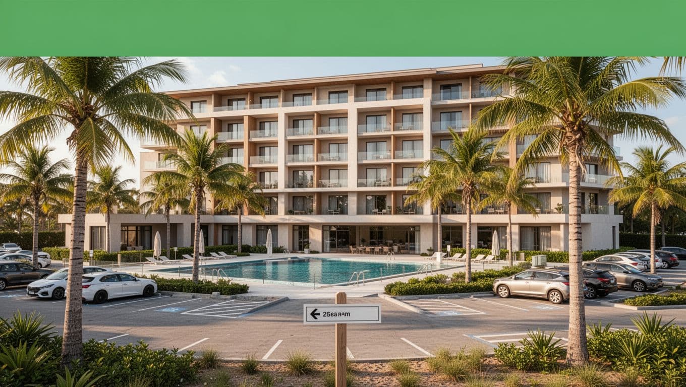 Bold 'Nearby Stays' headline over photorealistic exterior of modern Home2 Suites by Hilton in Tillmans Corner near Mobile, Alabama, featuring outdoor pool, palm trees, and beach access sign.