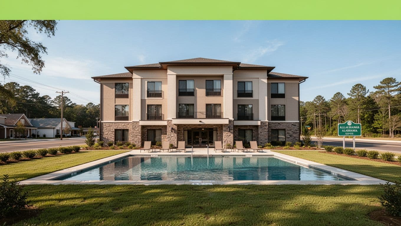 Exterior of a modern two-story hotel with pool area in a small Alabama town, green lawns, and highway sign under a bold 'Nearby Stays' headline in green band.