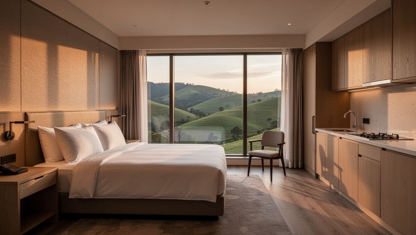 Cozy modern hotel suite interior with kitchenette, large bed, and window view of green hills in soft evening lighting. Wide-angle composition branded with 'NEARBY SUITES' headline in bold green band.