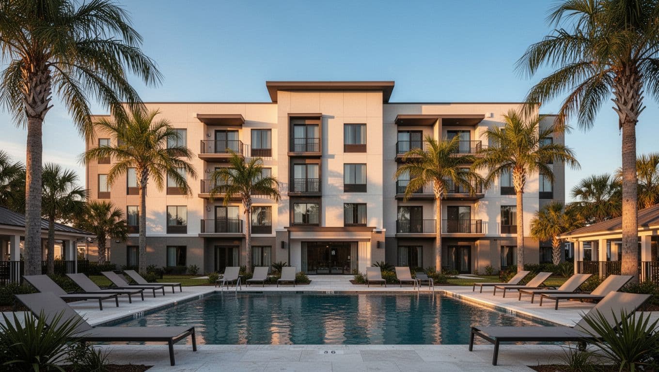 Modern extended stay hotel exterior in suburban coastal Alabama with pool area, lounge chairs, palm trees, and balconies under blue sky in golden hour light. Branded editorial style featuring bold 'Nearby Suites' headline on green band.