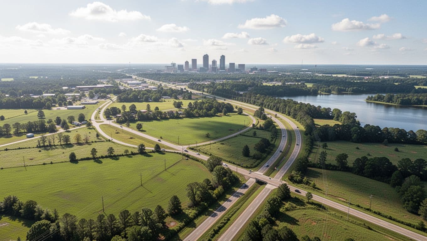 Photorealistic aerial view of rural Alabama landscape near small town New Hope, featuring green fields, US-231 highway, nearby lake, and distant Huntsville skyline on a sunny day. Bold branded editorial style with 'Why Here' headline in green band across the top 20%.