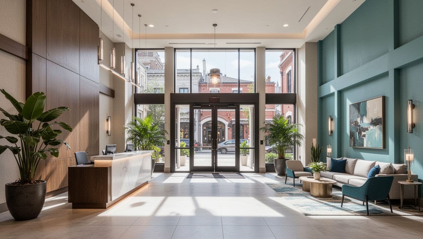 Bright modern lobby of a mid-range hotel in New Orleans' arts district near the WWII Museum, featuring reception desk, plants, seating area, and welcoming entrance in wide-angle composition with editorial 'Mid-Range Picks' headline.