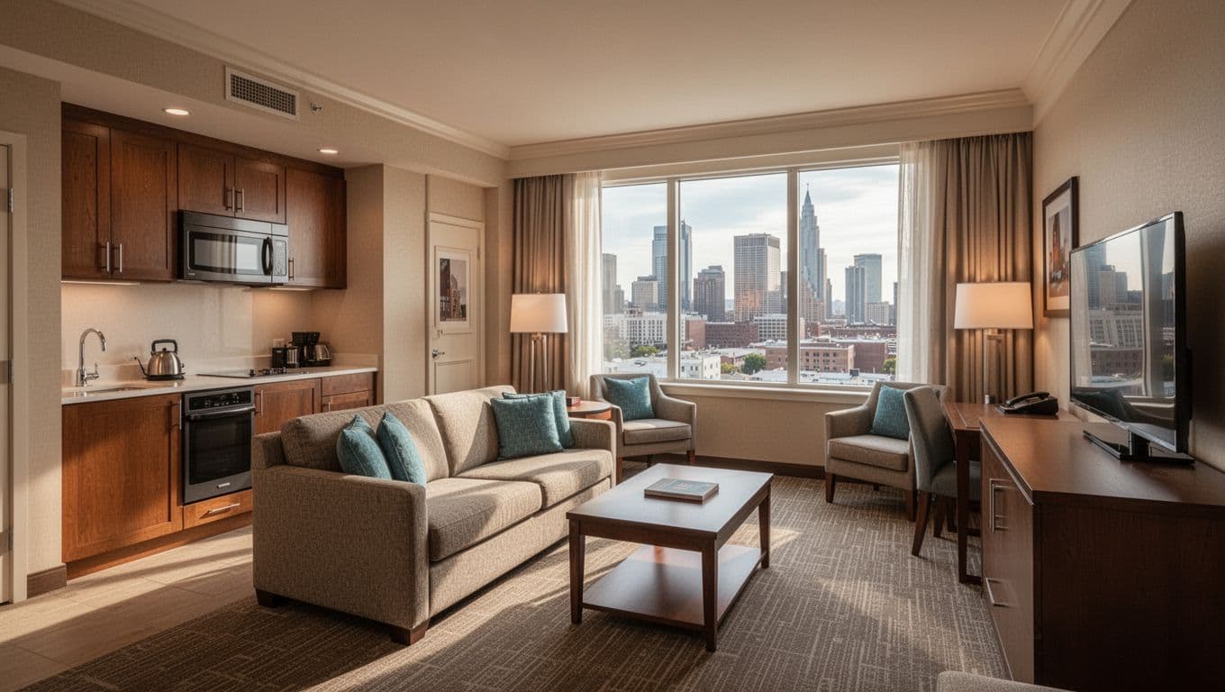 Spacious suite room in a family-friendly hotel near New Orleans convention center and WWII museum, featuring a living area with kitchenette, sofa, and city view window, emphasizing comfort in warm ambient lighting.
