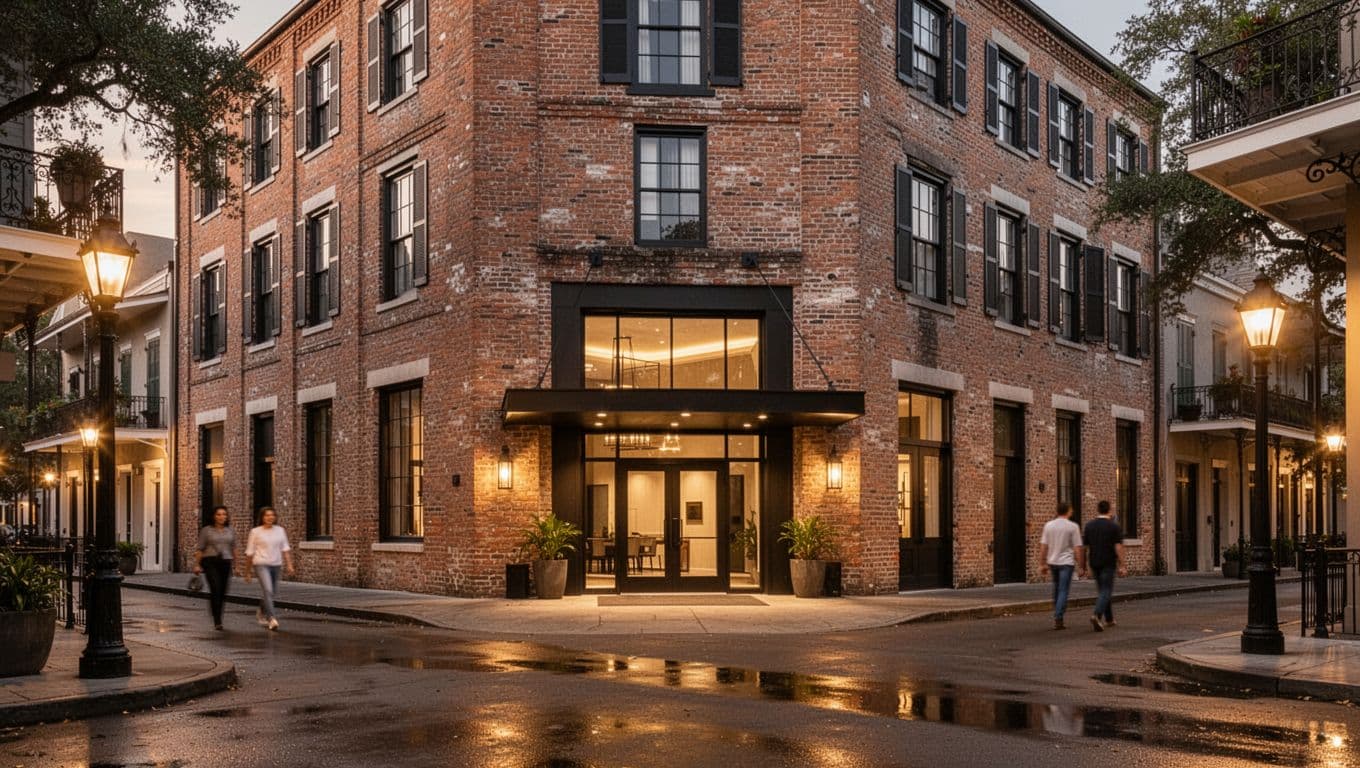 Evening street scene in New Orleans Warehouse District with historic brick buildings converted to trendy hotels and restaurants, warm golden hour lighting, and focal warehouse hotel entrance with two distant pedestrians.