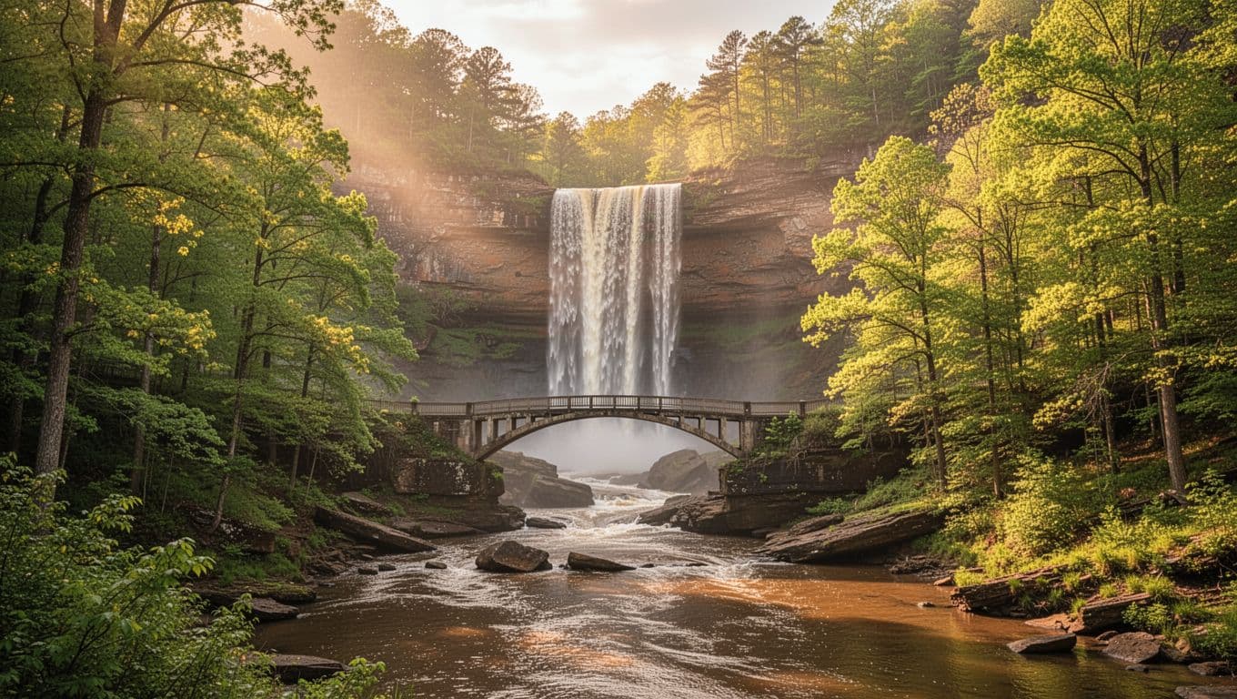 Scenic wide landscape of Noccalula Falls in Etowah County, Alabama, with waterfall cascading into gorge amid trees and mist under golden hour light. Top 20% green band features 'Local Attractions' headline in bold sans-serif.