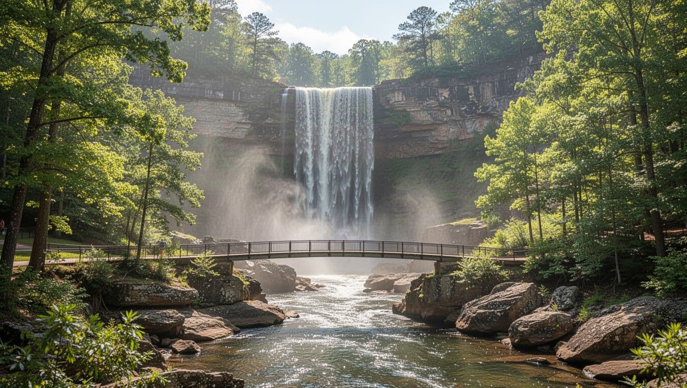 Scenic photorealistic wide landscape of tall waterfall cascading into gorge with pedestrian bridge, lush green trees, rocks, mist in bright afternoon light from overlook.