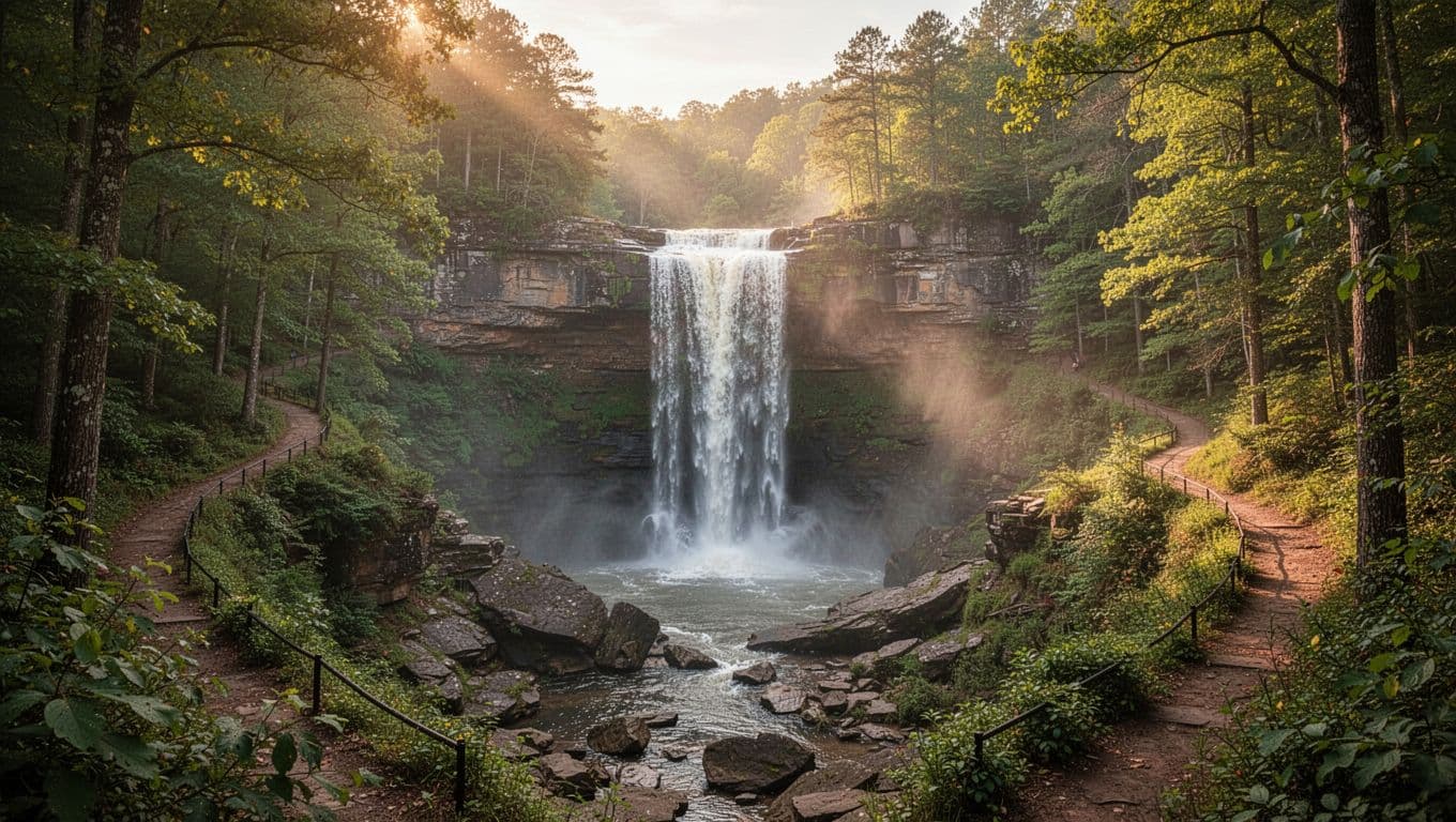 Photorealistic panoramic view of the 90-foot Noccalula Falls waterfall cascading into a rocky gorge, surrounded by lush forests, vibrant green foliage, misty spray, and golden hour sunlight filtering through trees.