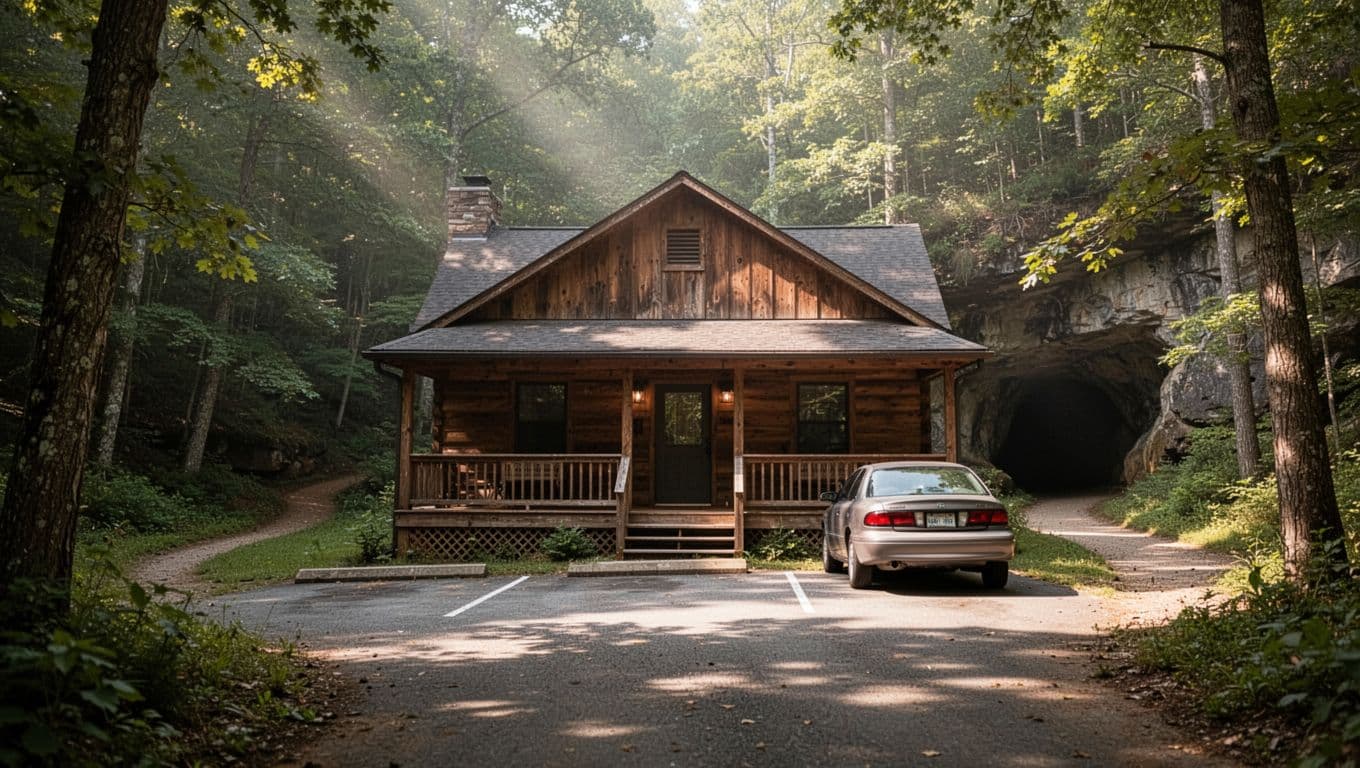Rustic wooden cabins nestled in North Alabama woods near cave entrance trail, featuring a small parking area with one vehicle and green foliage under soft morning light.