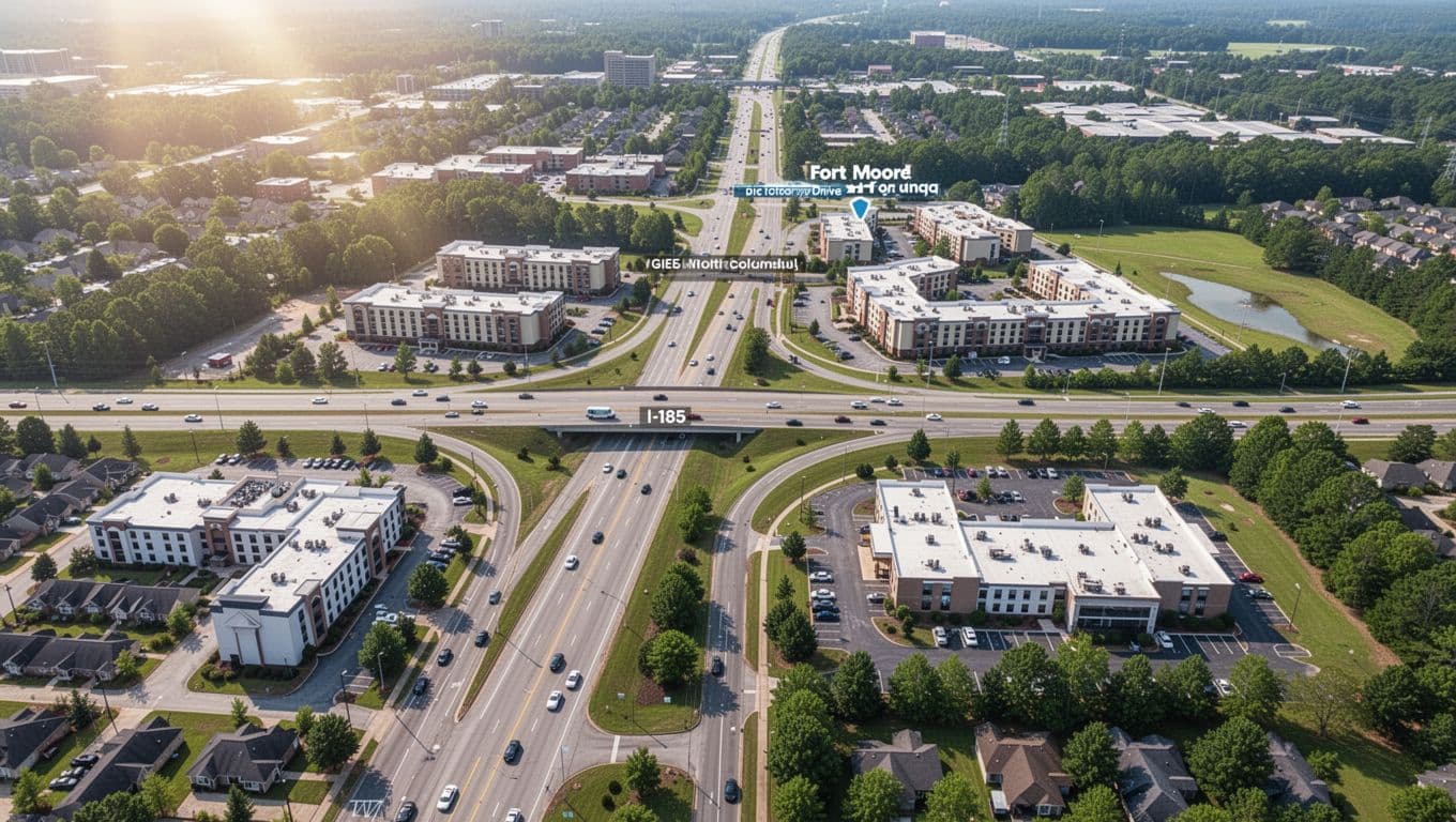 Realistic satellite-style aerial photo of North Columbus, Georgia, showing highway I-185 and Victory Drive near Fort Moore entrance with suburban hotels and green spaces in sunny daytime weather. Features branded green top band with 'Area Access' headline in bold sans-serif font.