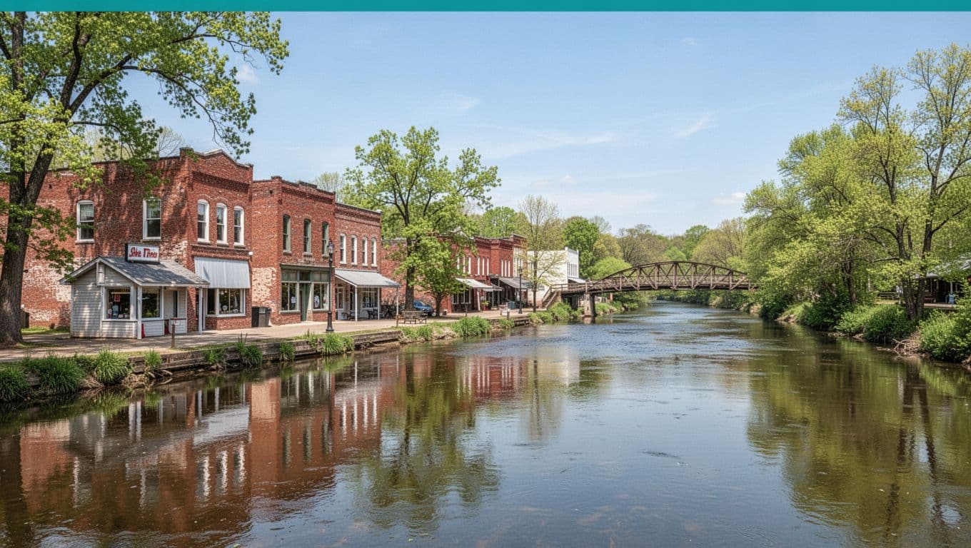 Panoramic photorealistic landscape of downtown Northport, Alabama, along the calm Black Warrior River, featuring quaint brick buildings, historic diner, wooden bridge, lush green trees, and sunny spring sky reflections. Branded editorial style with edge-to-edge green header band and bold 'Northport Eats' headline.