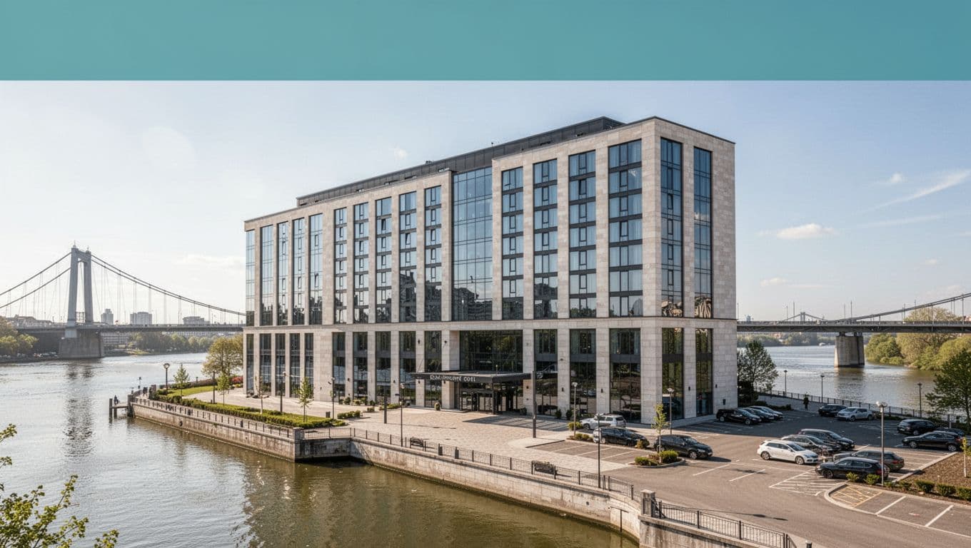 Modern hotel exterior in Northport, Alabama, with riverside setting and nearby bridge, wide landscape view of entrance and parking lot in bright daylight. Bold 'Northport Hotels' headline on green band at top, clean architecture, no people or cars.