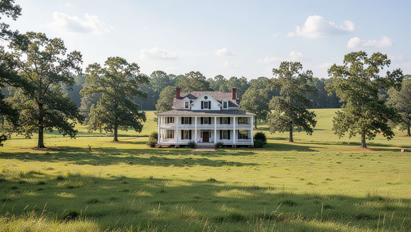 Historic Oak Bowery Plantation B&B exterior on large green estate grounds in rural Alabama, featuring one main house with porch amid trees and fields in sunny daylight.