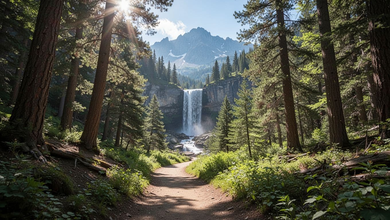 Scenic photorealistic view of a green forested path leading to Peavine Falls waterfall in Oak Mountain State Park near Chelsea, Alabama, with distant mountains and vibrant natural sunlight filtering through trees. Features a bold green header band with 'Outdoor Escapes' title, edge-to-edge landscape composition with no people, animals, or structures.