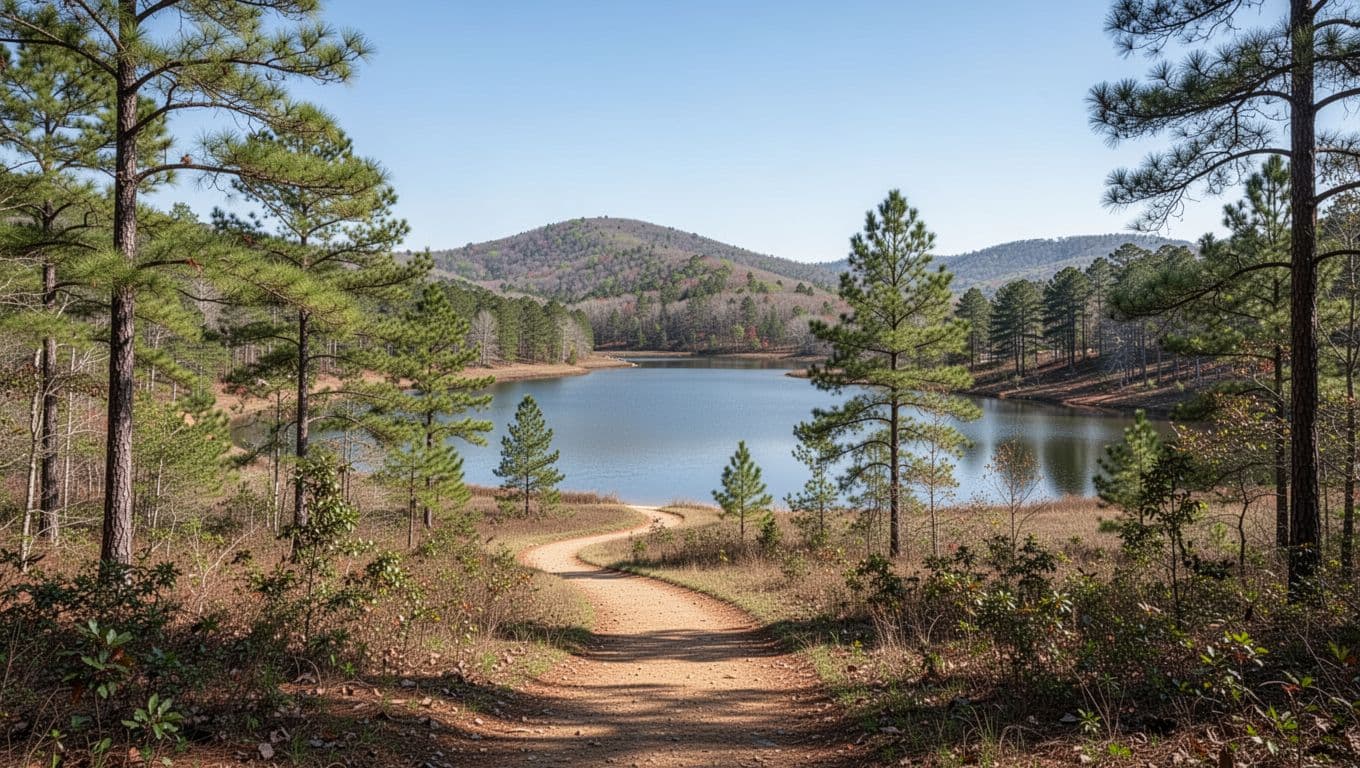 Scenic view of Oak Mountain State Park in Alabama with a hiking trail leading to a serene lake surrounded by pine trees and rolling hills under a clear blue sky. Bold 'Nearby Spots' headline in a green band at the top in editorial style.