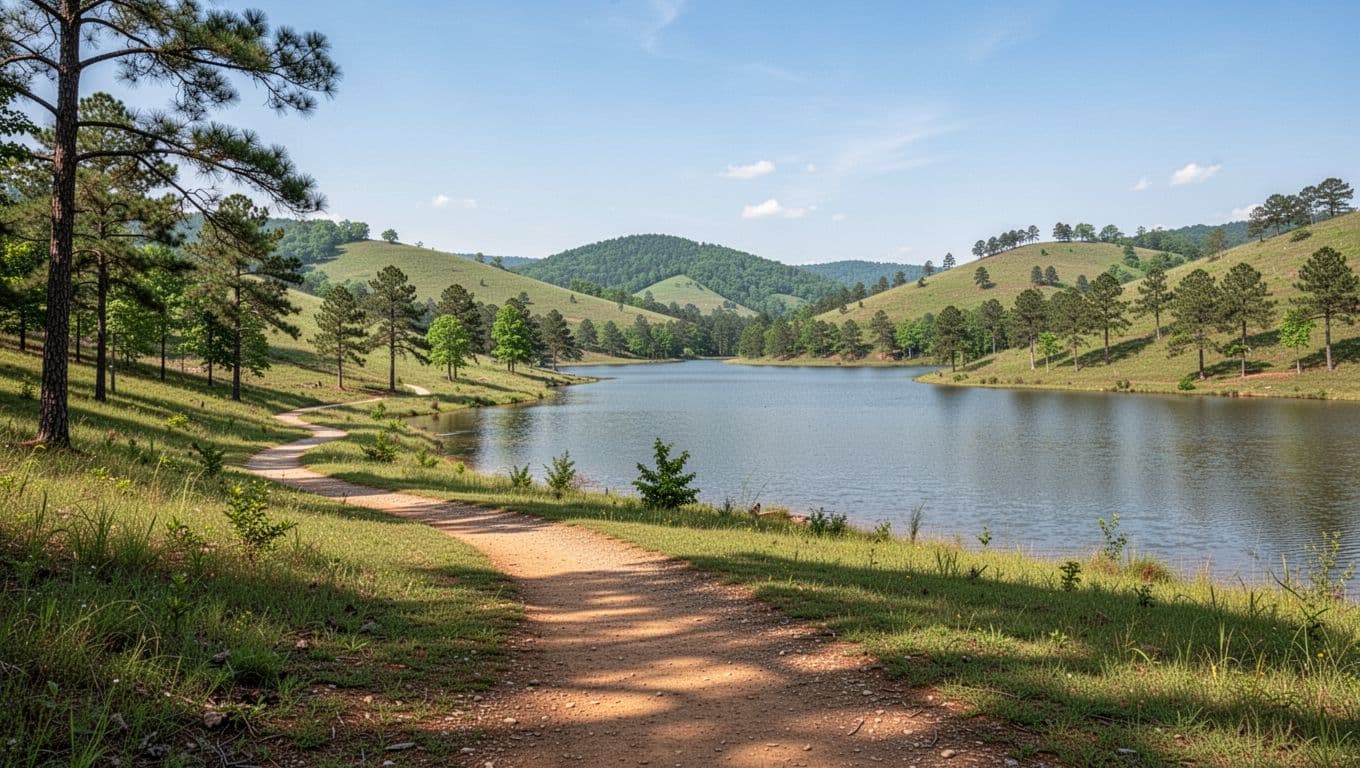 Scenic view of Oak Mountain State Park in Shelby County, Alabama, featuring green rolling hills, a lake with trail path, and pine trees under a blue sky. Peaceful nature spot ideal for travelers staying near Brook Highland hotels.