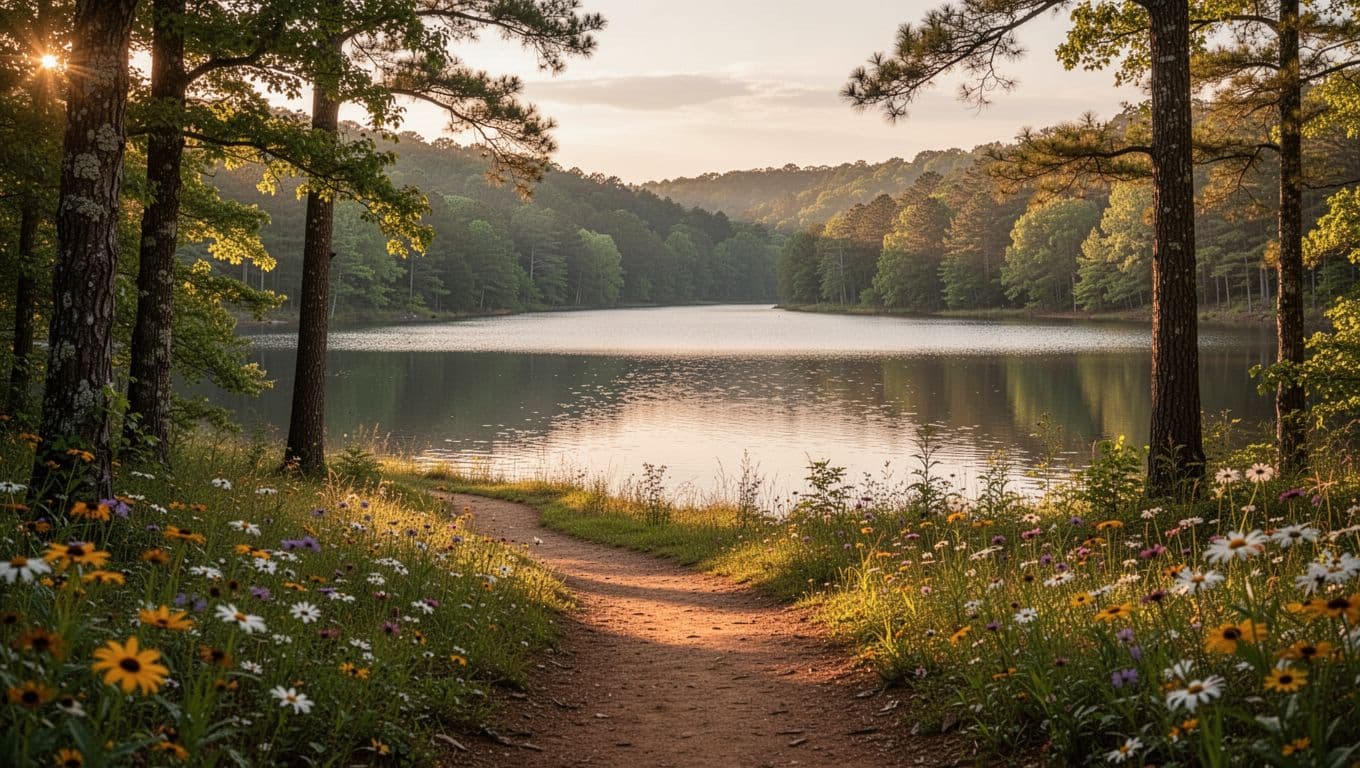 Scenic view of Oak Mountain State Park trails and lake in Shelby County, Alabama, during golden hour with sunlight filtering through trees, path leading to water, foreground wildflowers, and vibrant natural colors. Bold 'Park Trails' headline on a green color band at the top in editorial style.