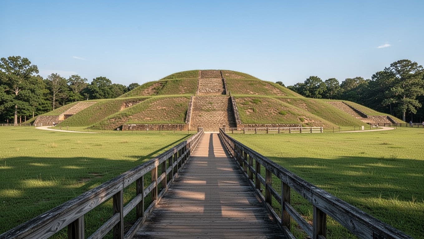 Ancient Native American earth mounds rising from green fields under a clear blue sky at Ocmulgee Mounds National Historical Park, with a wooden boardwalk entrance trail leading to the large central mound.