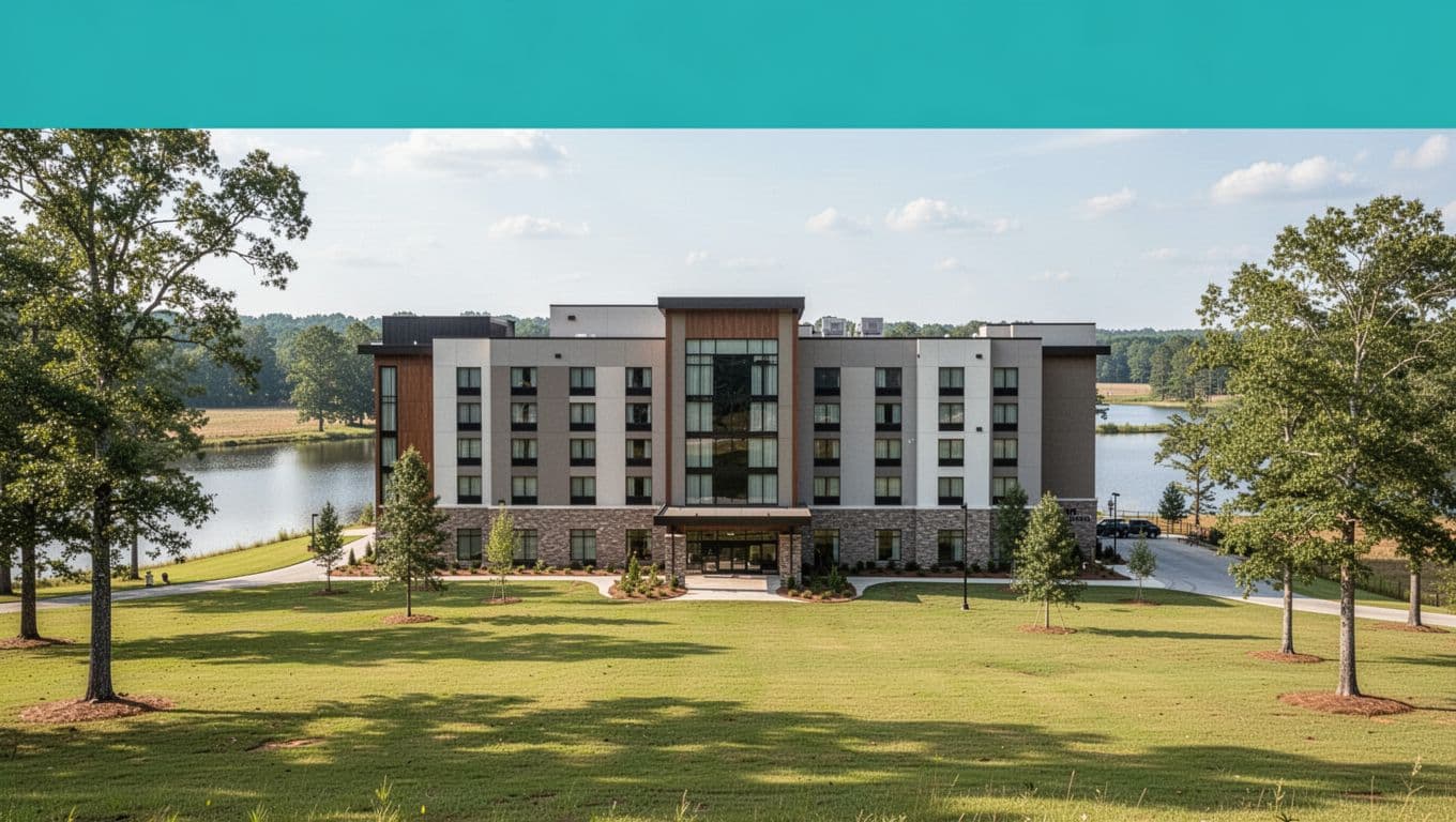Modern hotel exterior in rural Alabama near a lake, surrounded by green lawns and trees with one clear hotel sign, under a bold green 'Top Stays' header band. Bright daylight realistic photo style, clean composition with no people or distortions.