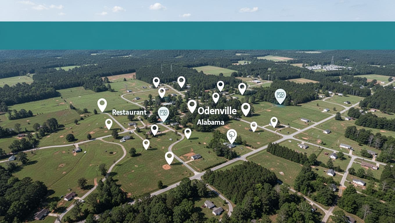 Overhead aerial map of Odenville Alabama with restaurant pins on green fields and roads, topped by green band with St. Clair Eats title.