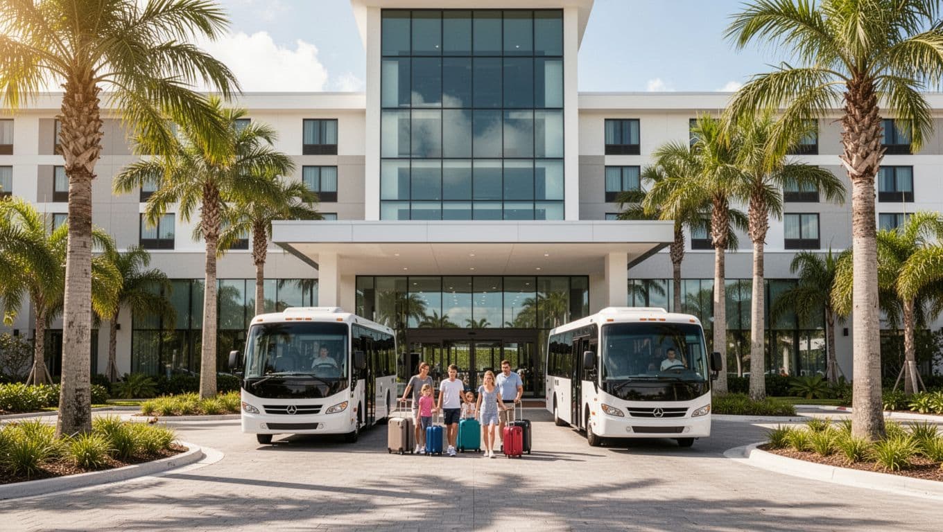 Modern off-site hotel exterior with shuttle bus arriving at palm-lined driveway to entrance, families with luggage entering lobby in bright Florida sunshine.