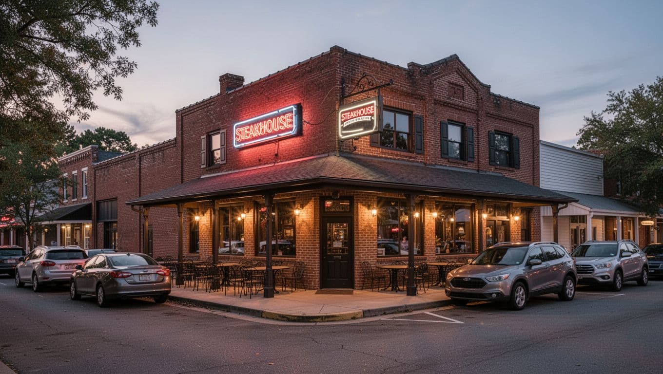 Exterior of a charming brick steakhouse restaurant in small-town Alabama at dusk, featuring a glowing neon sign, patio seating, parked cars, and warm inviting lights in a realistic photo style.