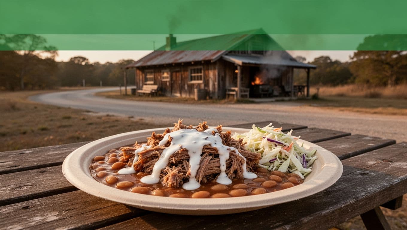 Green top band with 'Ole Smokehouse' headline above pulled pork BBQ plate, white sauce, beans, slaw on picnic table near smokehouse.