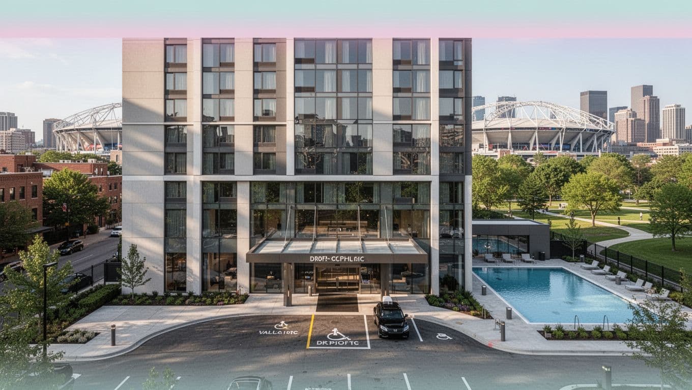 Modern exterior of Omni Atlanta Hotel at Centennial Park in downtown setting, showing entrance with valet area and pool, State Farm Arena in the background, bright daytime realistic photo with 'Walking Hotels' headline.