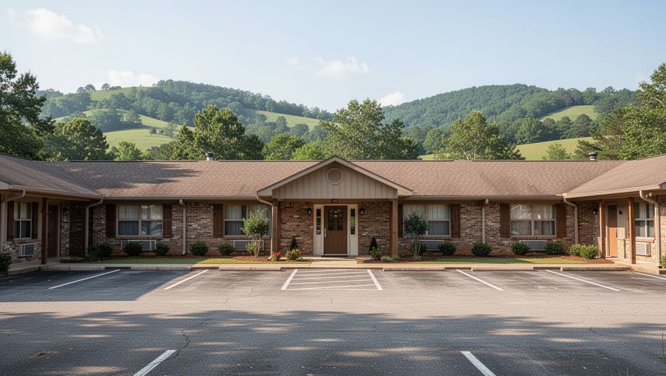 Exterior view of a cozy motel in small-town Alabama with parking lot and green hills in background, clear daytime light, branded with 'Oneonta Hotels' headline in green band.