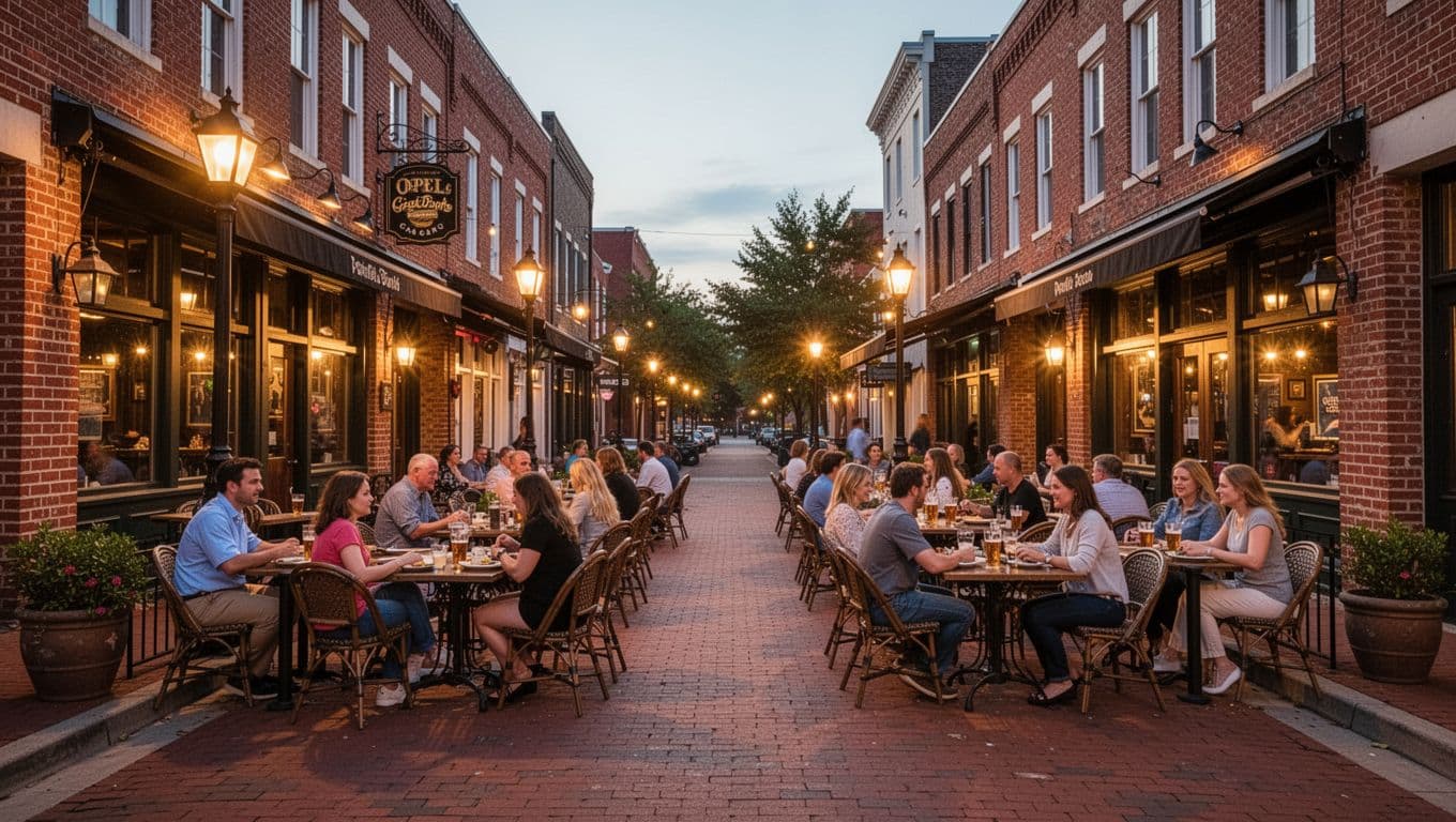Busy downtown Opelika Alabama street at dusk with historic brick buildings and lively gastropub patios featuring diners enjoying meals and drinks under warm ambient lighting.