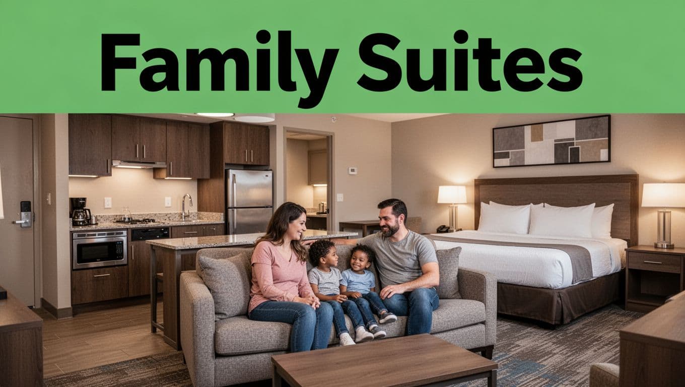 Spacious modern hotel suite interior in Opelika, Alabama, with full kitchenette, living area, sofa bed, and cozy warm lighting. A family of two adults and one child relaxes comfortably on the sofa in a realistic photo style.