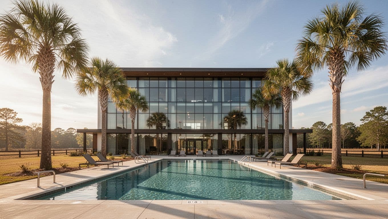 Exterior view of a modern Best Western hotel in rural Alabama with outdoor pool and palm trees in foreground, sunny daytime, featuring bold 'Opp Top Hotel' headline in green band at top.