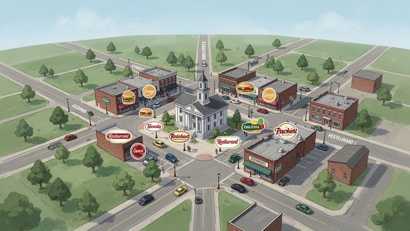 Bird's-eye map of Opp Alabama downtown highlighting Main Street restaurants near courthouse square with parks roads and labeled streets.