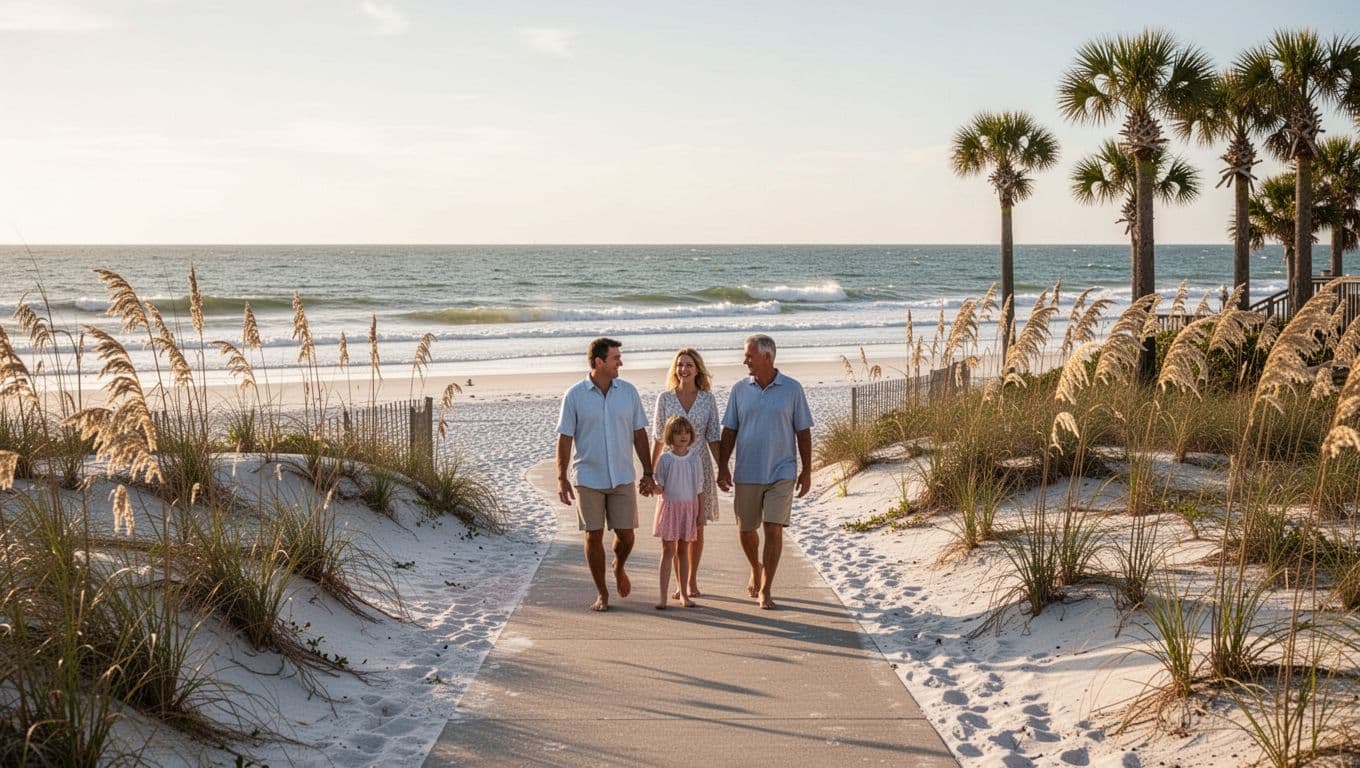 Private beach access path from hotel to white sand Gulf Coast beach in Orange Beach, Alabama, with dunes, sea oats, gentle waves, palm trees, and a relaxed family walking in sunny afternoon natural light.