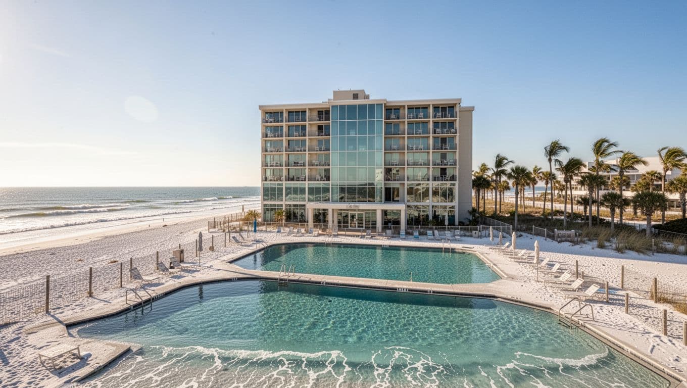 Beachfront hotel facade with pool on white sand beach, ocean waves, palms in sunny light, green 'Beachfront Stays' band at top.