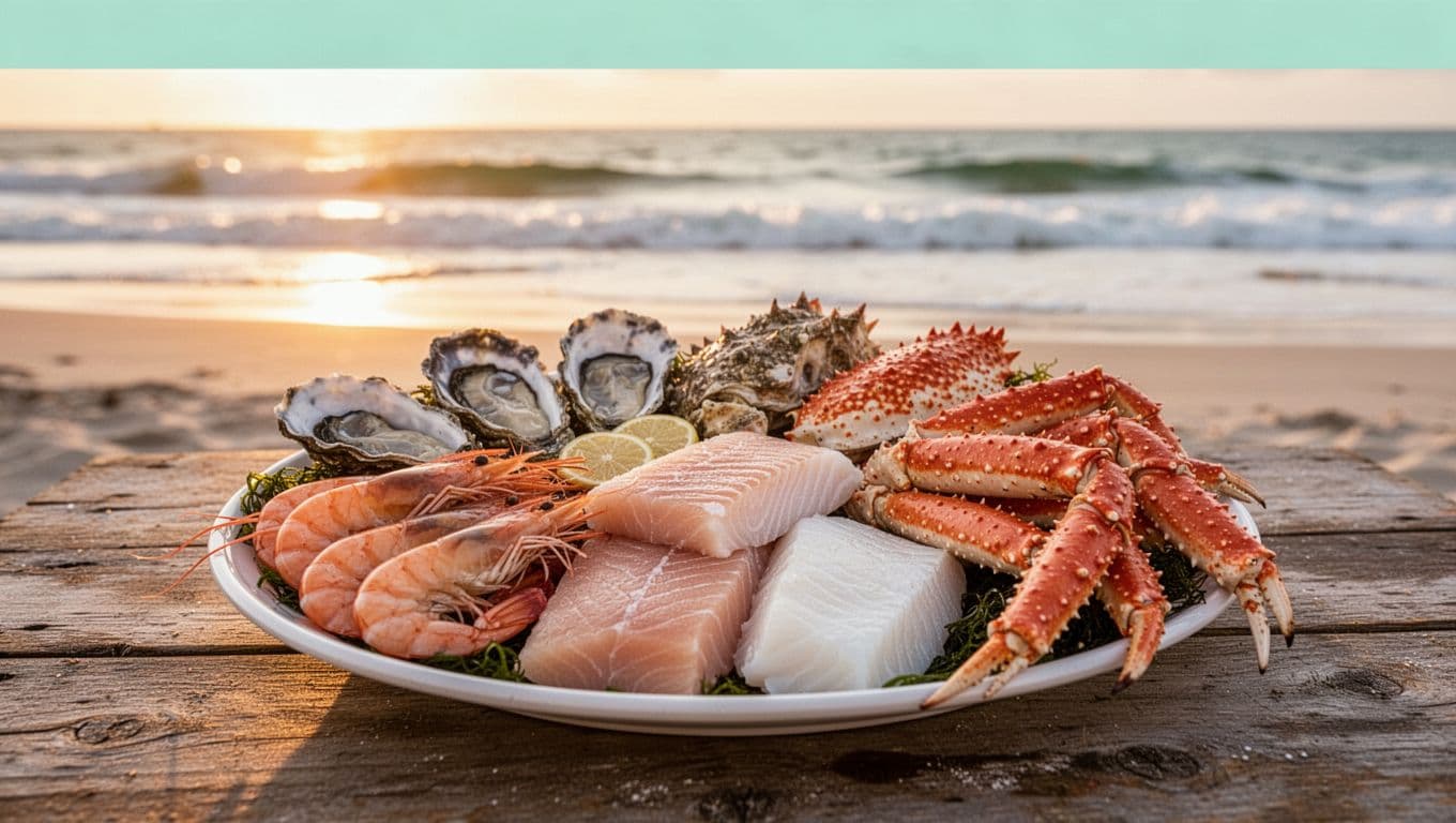 Vibrant platter of fresh Gulf shrimp, oysters, grouper fillets, and crab legs on a rustic wooden table, blurred Gulf beach background, bold 'Fresh Catches' green headline band.