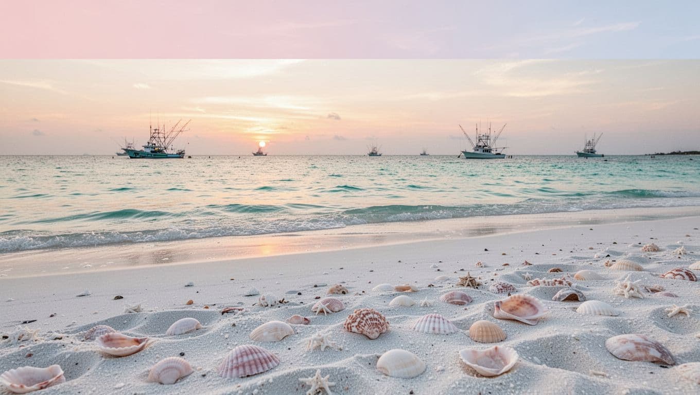 Serene sunrise over Orange Beach Gulf with fishing boats on the horizon, calm turquoise waters, white sand foreground with subtle seashells, wide ocean view in soft morning pastels. Bold branded top horizontal band in #22C55E green with 'Beach Fresh' headline in Montserrat font.