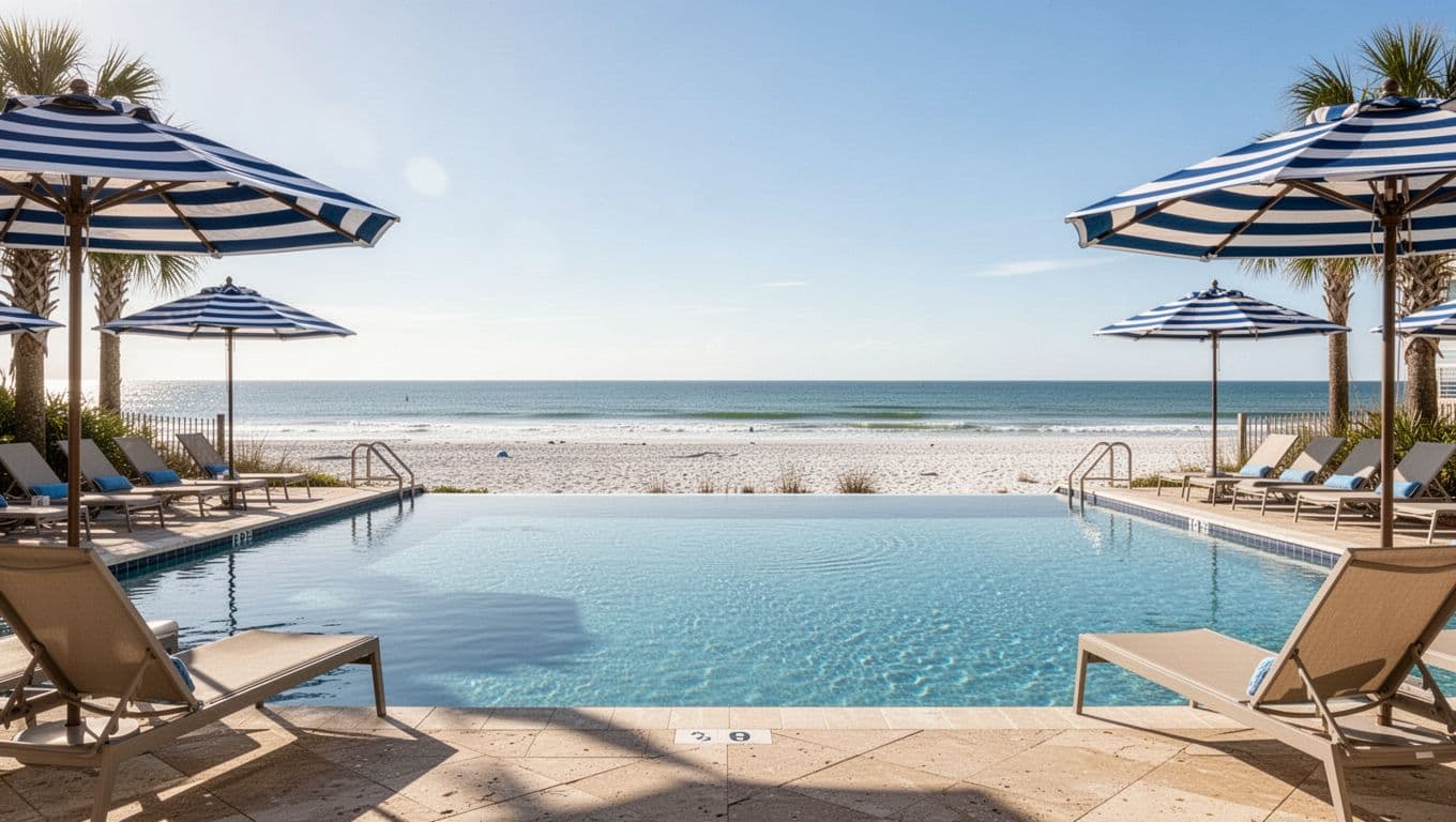 Photorealistic resort swimming pool in Orange Beach overlooking the beach and Gulf horizon, with empty lounge chairs and umbrellas under bright tropical daylight, branded with bold 'Poolside Bliss' headline in green band.