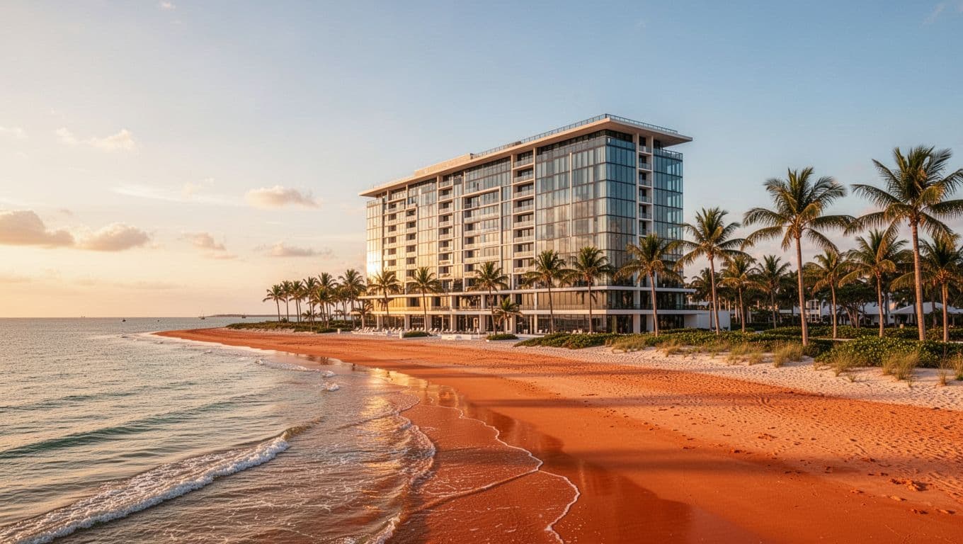 Exterior view of a modern beachfront Wharf Hotel at sunset in Orange Beach, Alabama, featuring palm trees, Gulf waters, warm golden hour lighting, and a bold 'Wharf Hotels' headline in a green band.