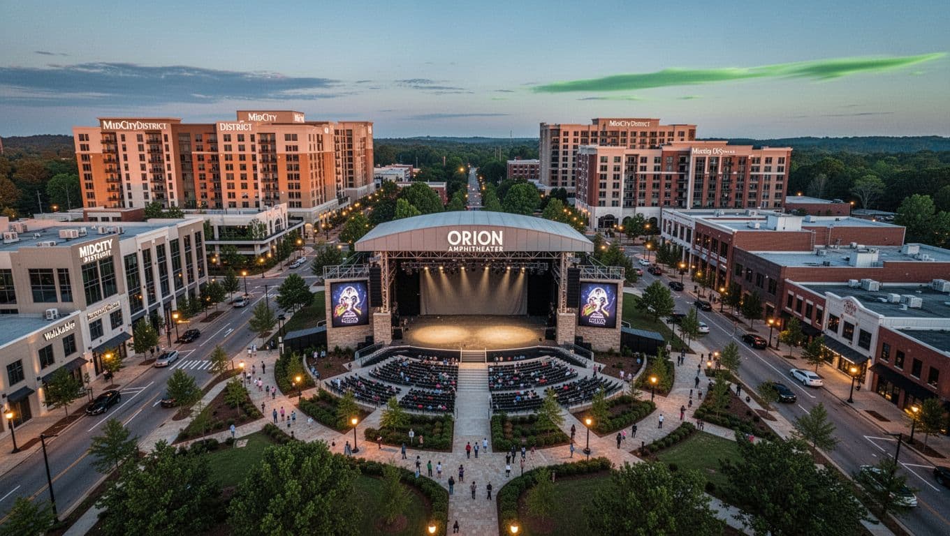 Aerial view of The Orion Amphitheater in Huntsville, Alabama at dusk, showcasing surrounding MidCity District hotels, walkable paths, and nearby buildings with warm golden hour lighting.